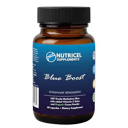 Nutricel Methylene Blue capsules closeup label, USP-grade quality with Vitamin C Ester for absorption.
