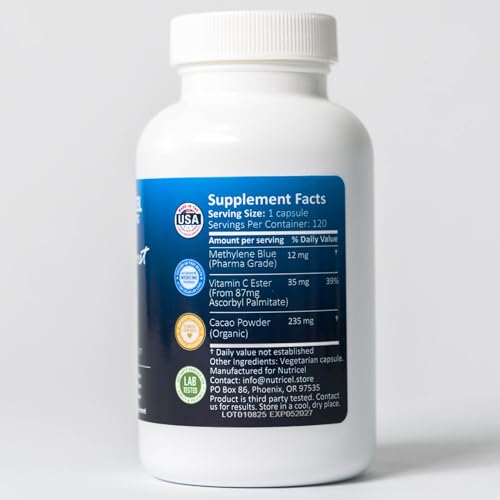 Nutricel Methylene Blue capsules pouring for easy, mess-free daily dosing.