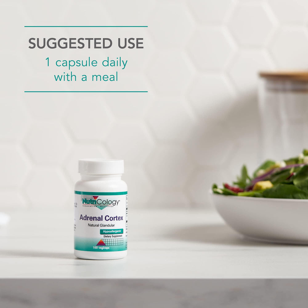 Nutricology Adrenal Support box communicates doctor-formulated hypoallergenic approach.