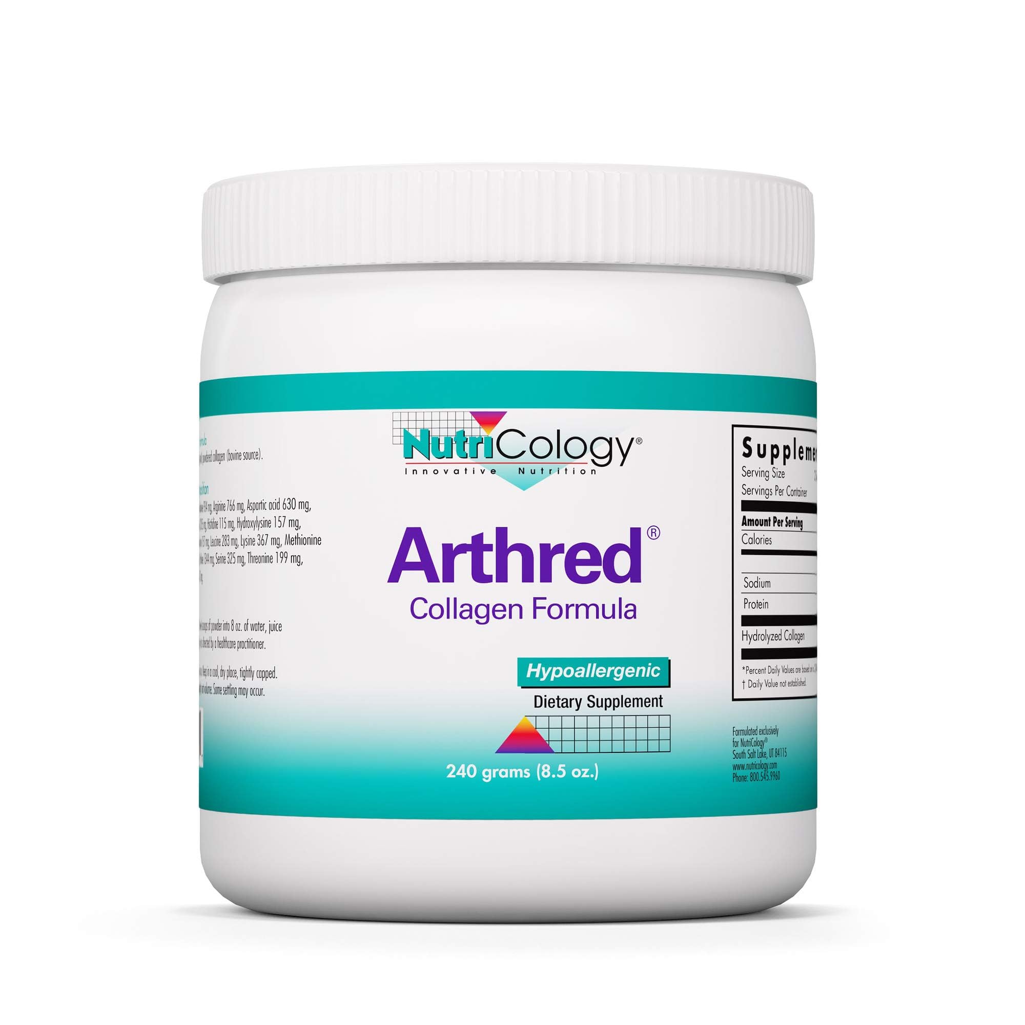 Nutricology Arthred tub front displaying hydrolyzed collagen formula for daily joint support