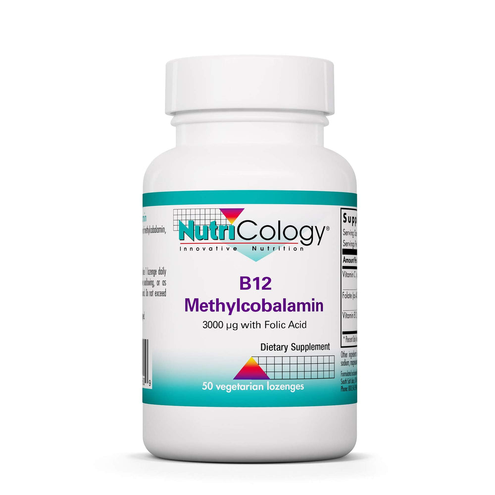 Nutricology B12 methylcobalamin bottle showing daily lozenges for methylation support