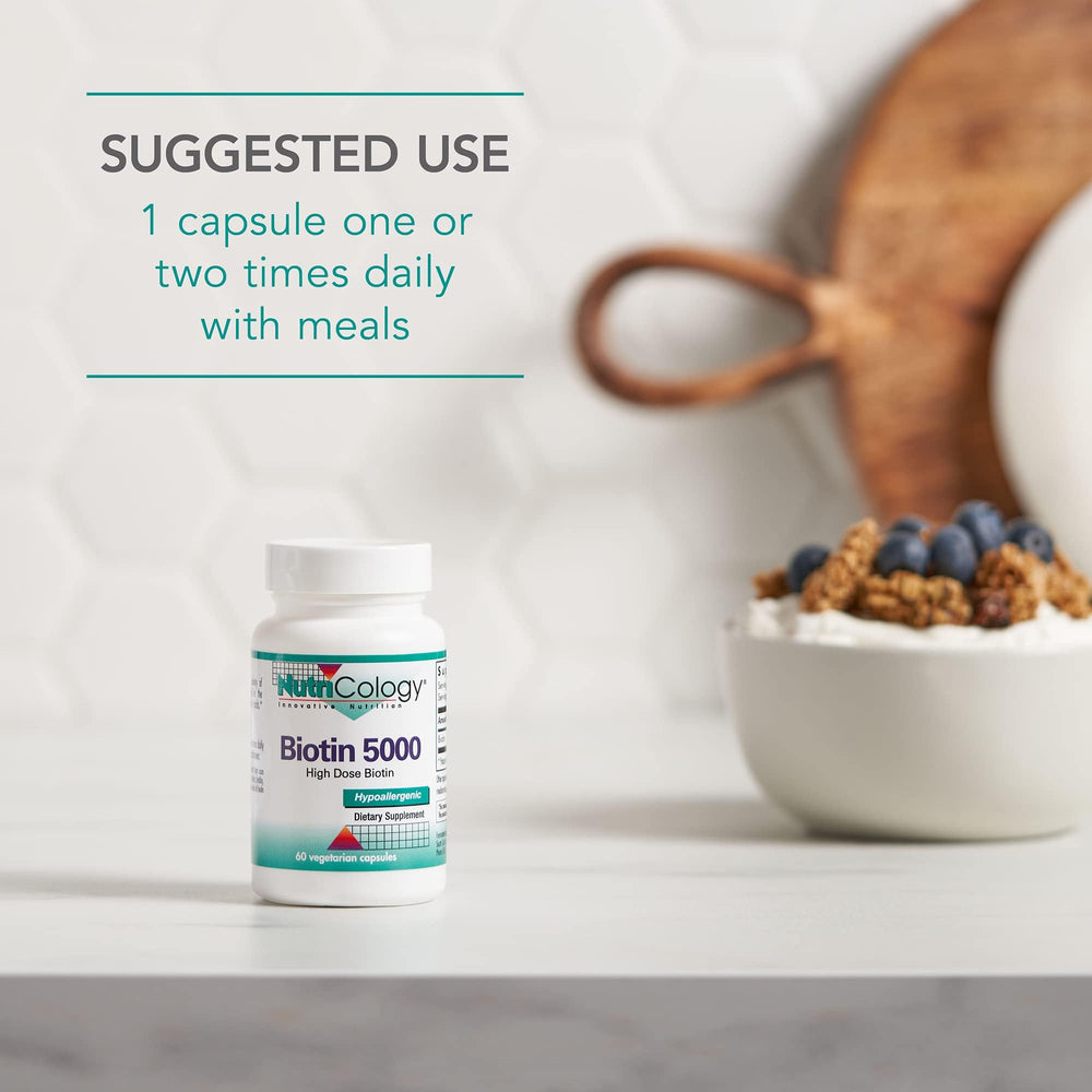 Nutricology Biotin 5000 hypoallergenic formula packaging emphasizing 60-count supply.