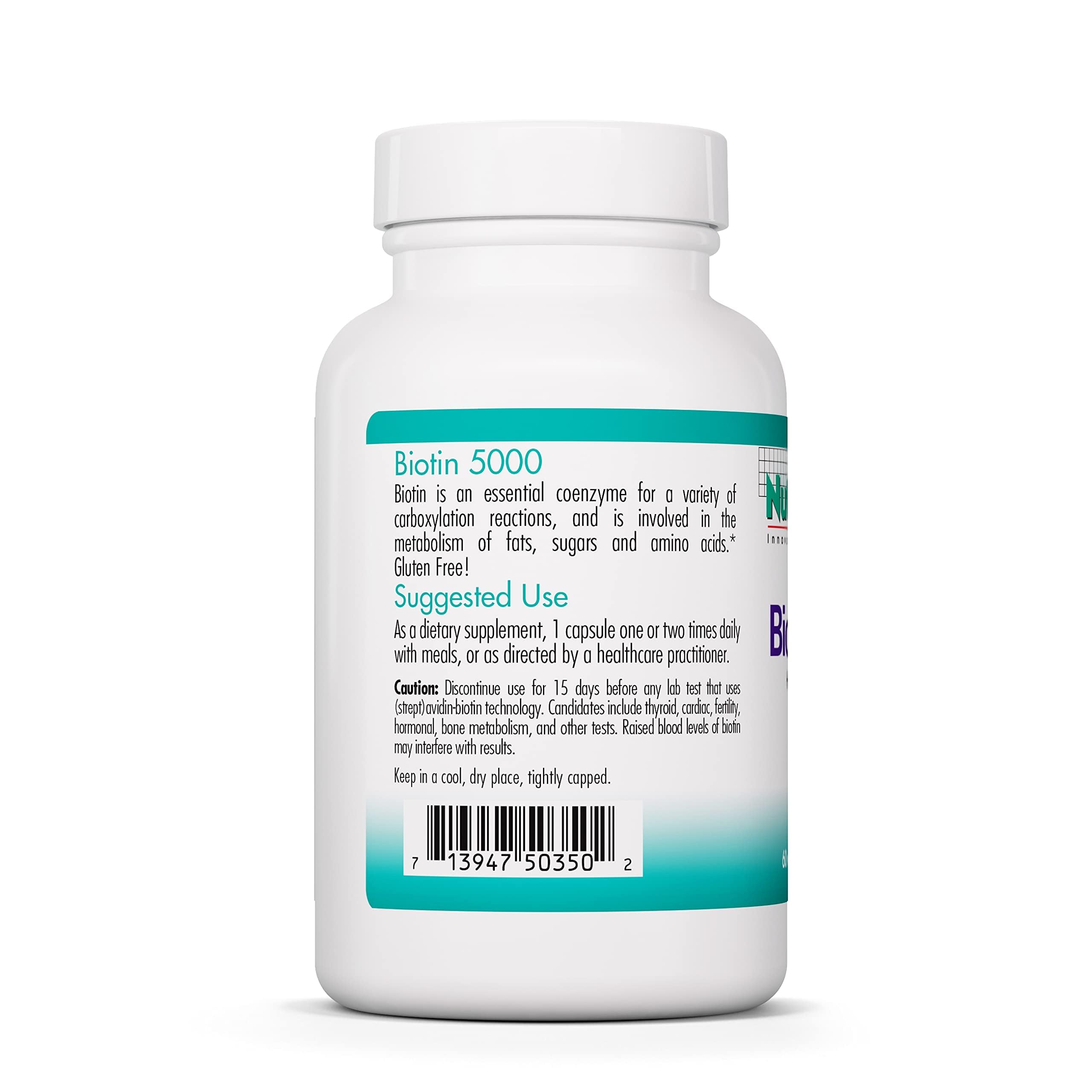 Nutricology Biotin 5000 label packaging showcasing gluten-free and hypoallergenic features.