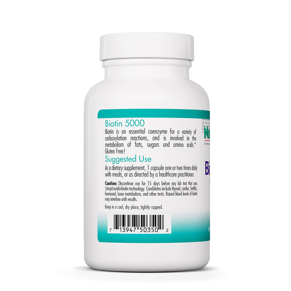 Nutricology Biotin 5000 label packaging showcasing gluten-free and hypoallergenic features.