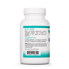 Nutricology Biotin 5000 label packaging showcasing gluten-free and hypoallergenic features.