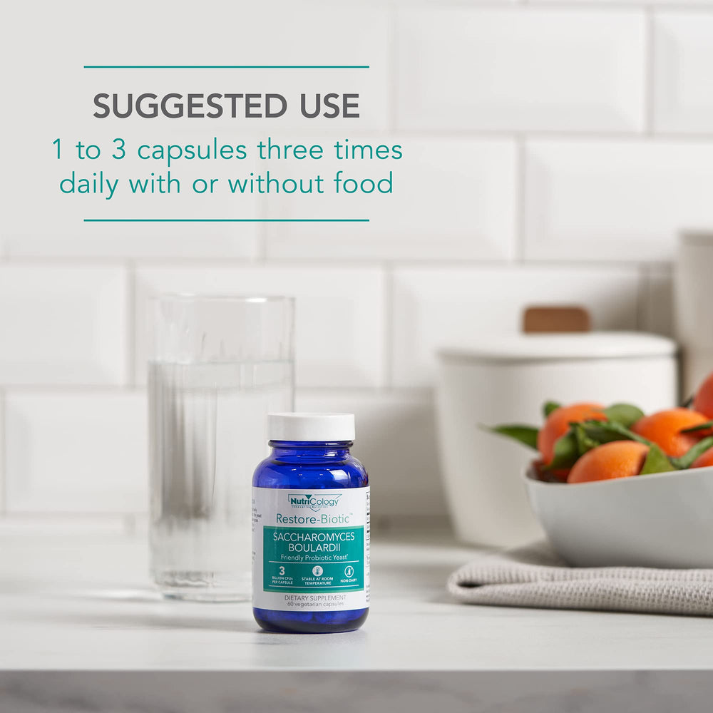 Nutricology bottle on shelf suggesting stable probiotic support for everyday health.