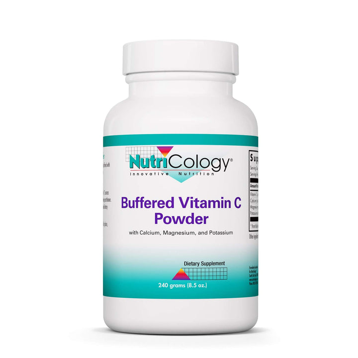 Nutricology Buffered Vitamin C Powder bottle highlights high-dose vitamin C with minerals for gentle digestion.