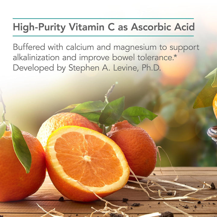 Close-up of Nutricology label showing calcium and magnesium for stomach-friendly vitamin C.