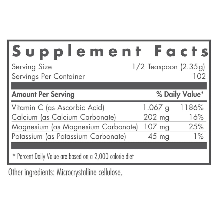 Nutricology Buffered Vitamin C Powder scoop shown beside canister for easy dosing.
