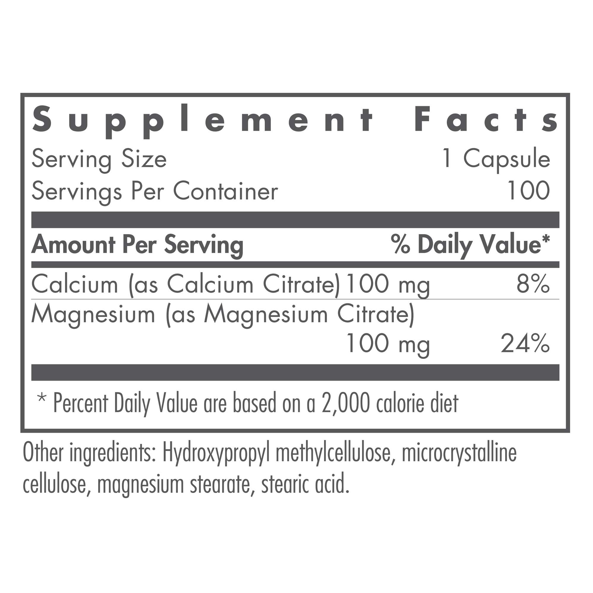Nutricology calcium magnesium citrate label closeup highlights vegetarian capsules for easy dosing.