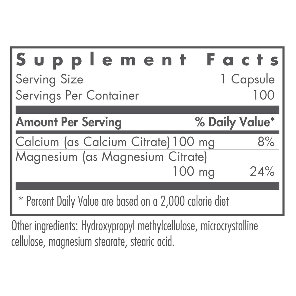 Nutricology calcium magnesium citrate label closeup highlights vegetarian capsules for easy dosing.