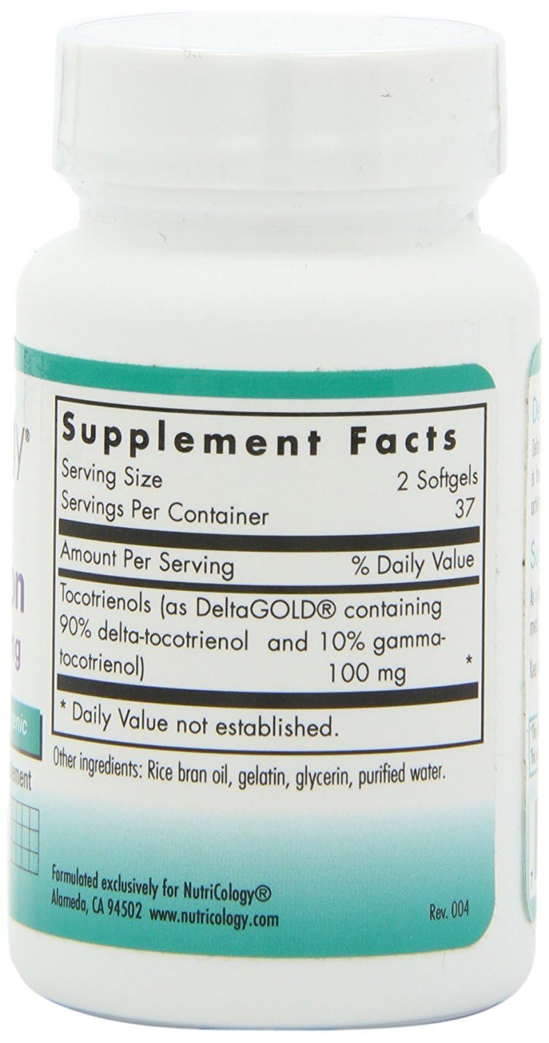 Closeup of Nutricology Tocotrienols capsules showing easy-to-swallow softgels