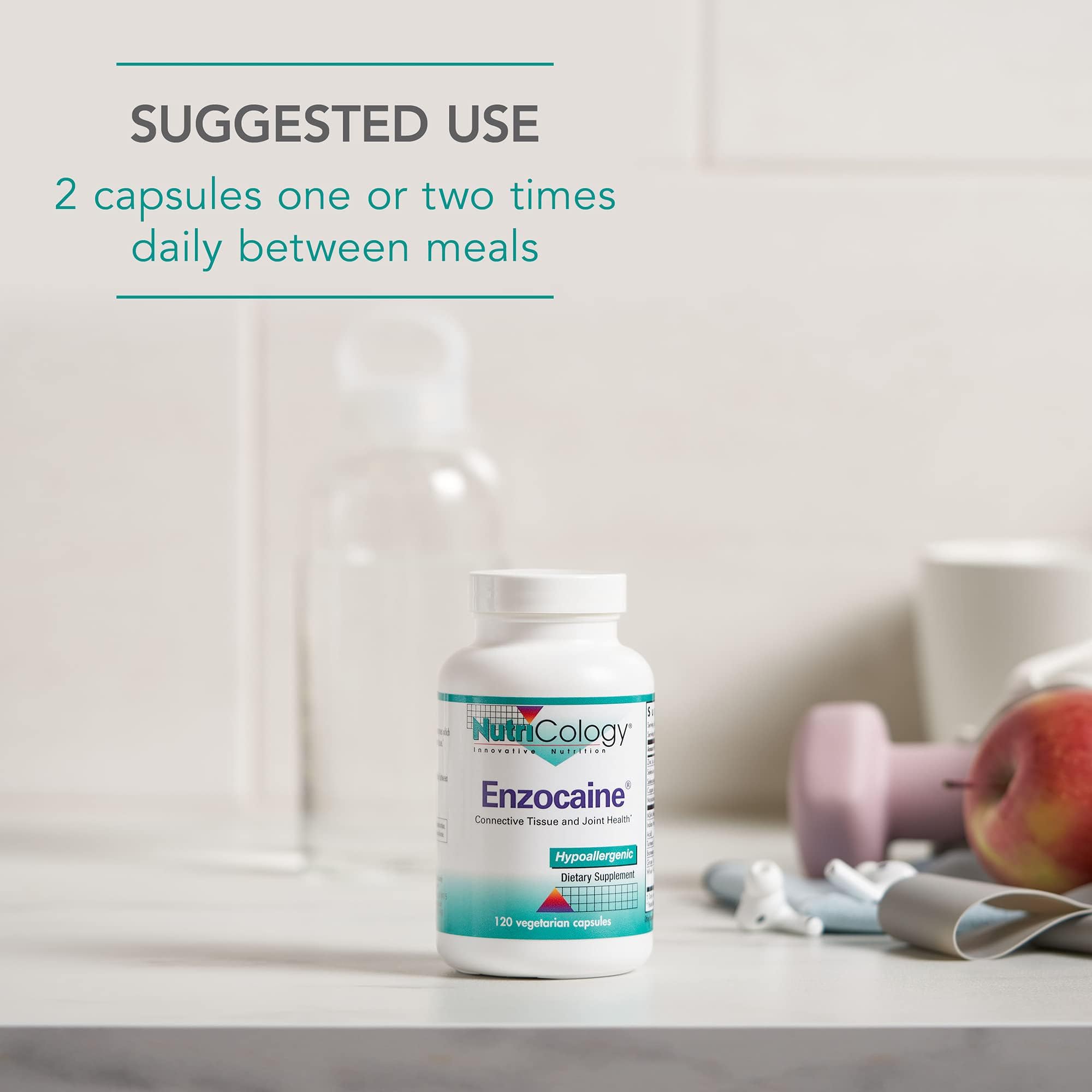 Nutricology Enzocaine serving idea shows capsules with water for a simple daily routine