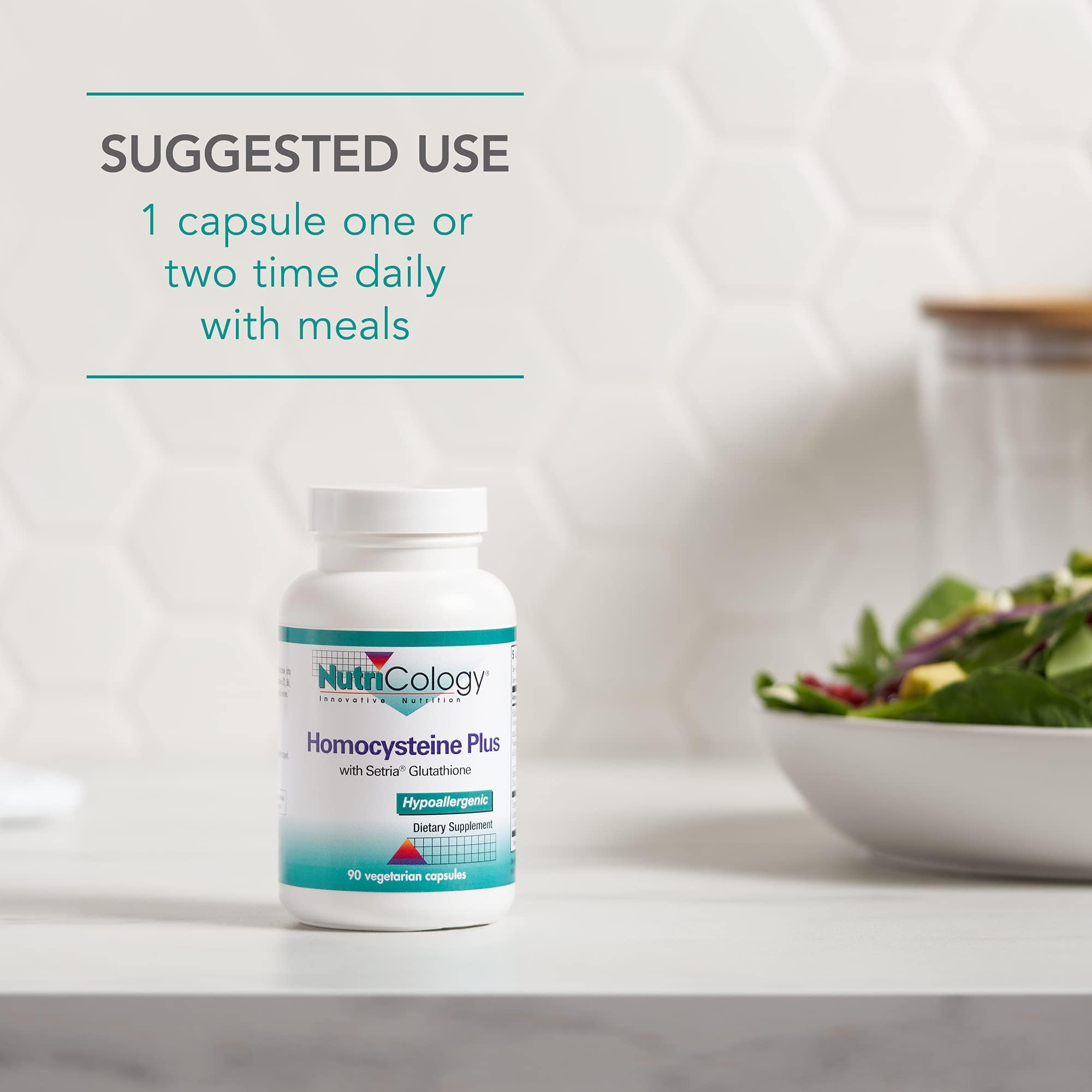 Nutricology Homocysteine Plus capsules beside measuring scoop