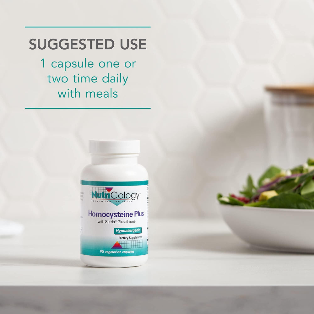 Nutricology Homocysteine Plus capsules beside measuring scoop