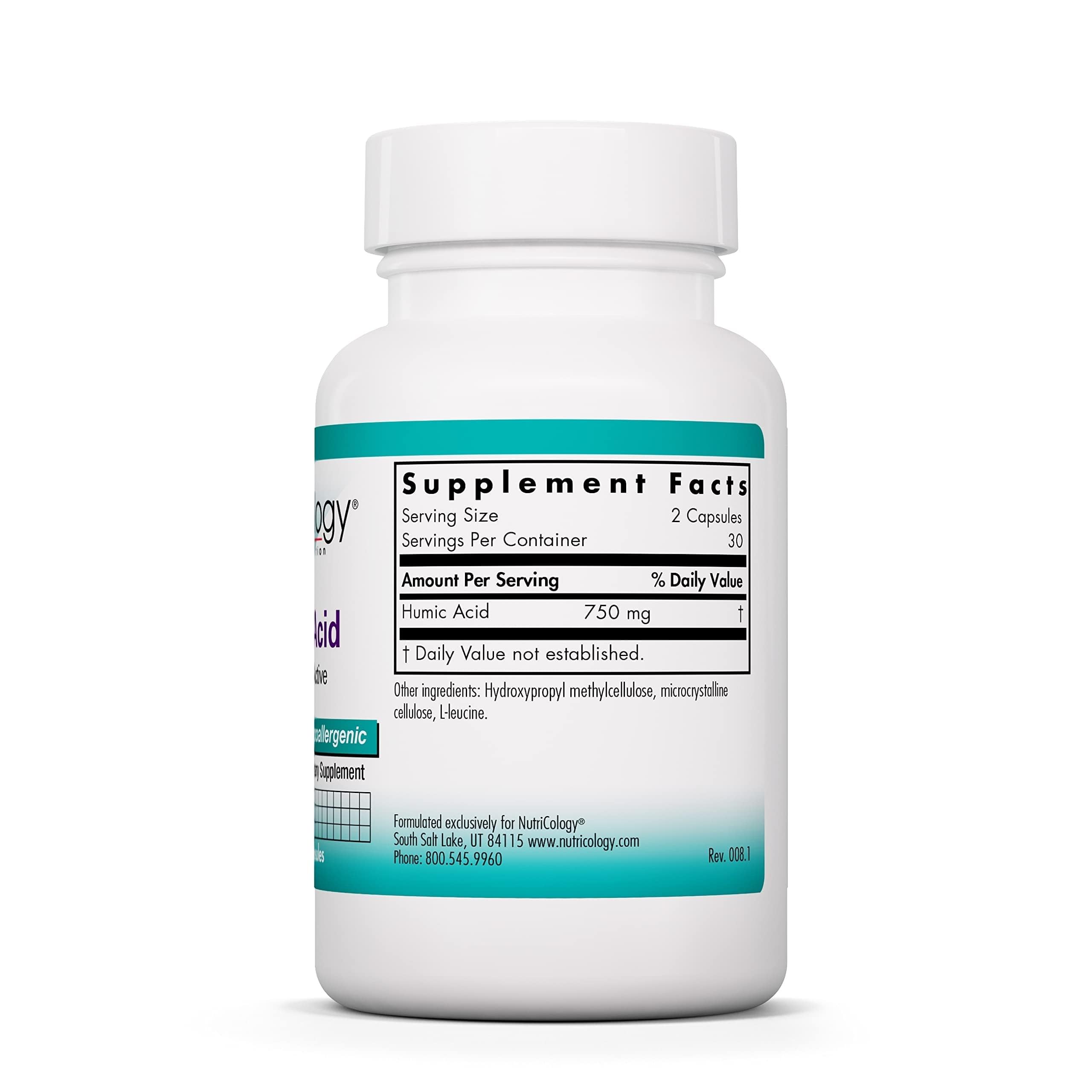 Nutricology Humic Acid capsules shown for convenient mineral transport.