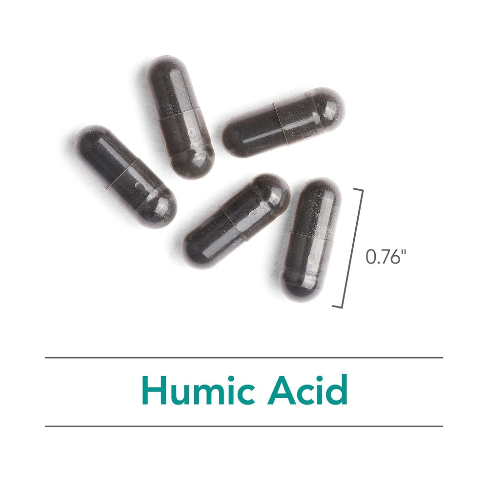 Nutricology Humic Acid bottle with water illustrating detox support.