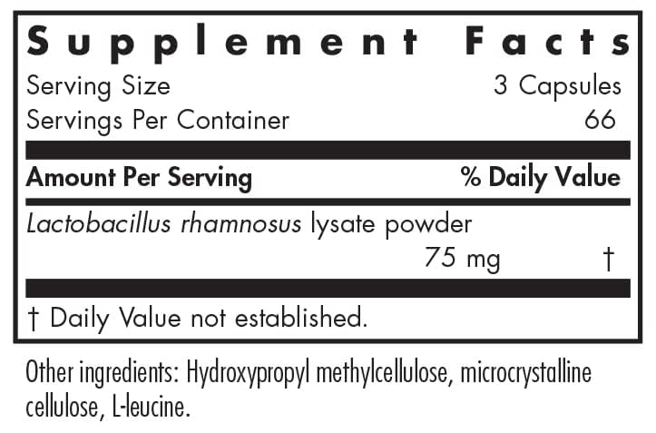 Nutricology ImmunoBiotic Pro bottle label showing ingredients and Lactobacillus rhamnosus lysate.