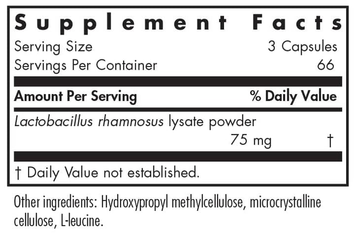 Nutricology ImmunoBiotic Pro bottle label showing ingredients and Lactobacillus rhamnosus lysate.