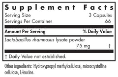 Nutricology ImmunoBiotic Pro bottle label showing ingredients and Lactobacillus rhamnosus lysate.