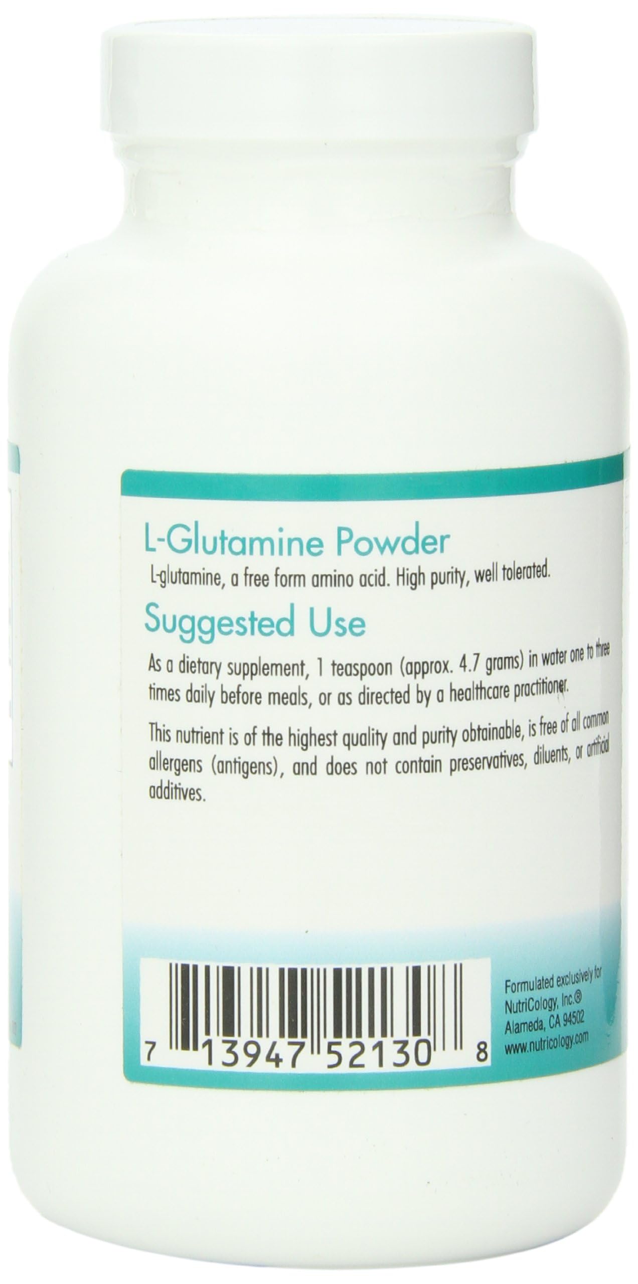 Nutricology L-Glutamine bottle back label, hypoallergenic heritage highlighted.