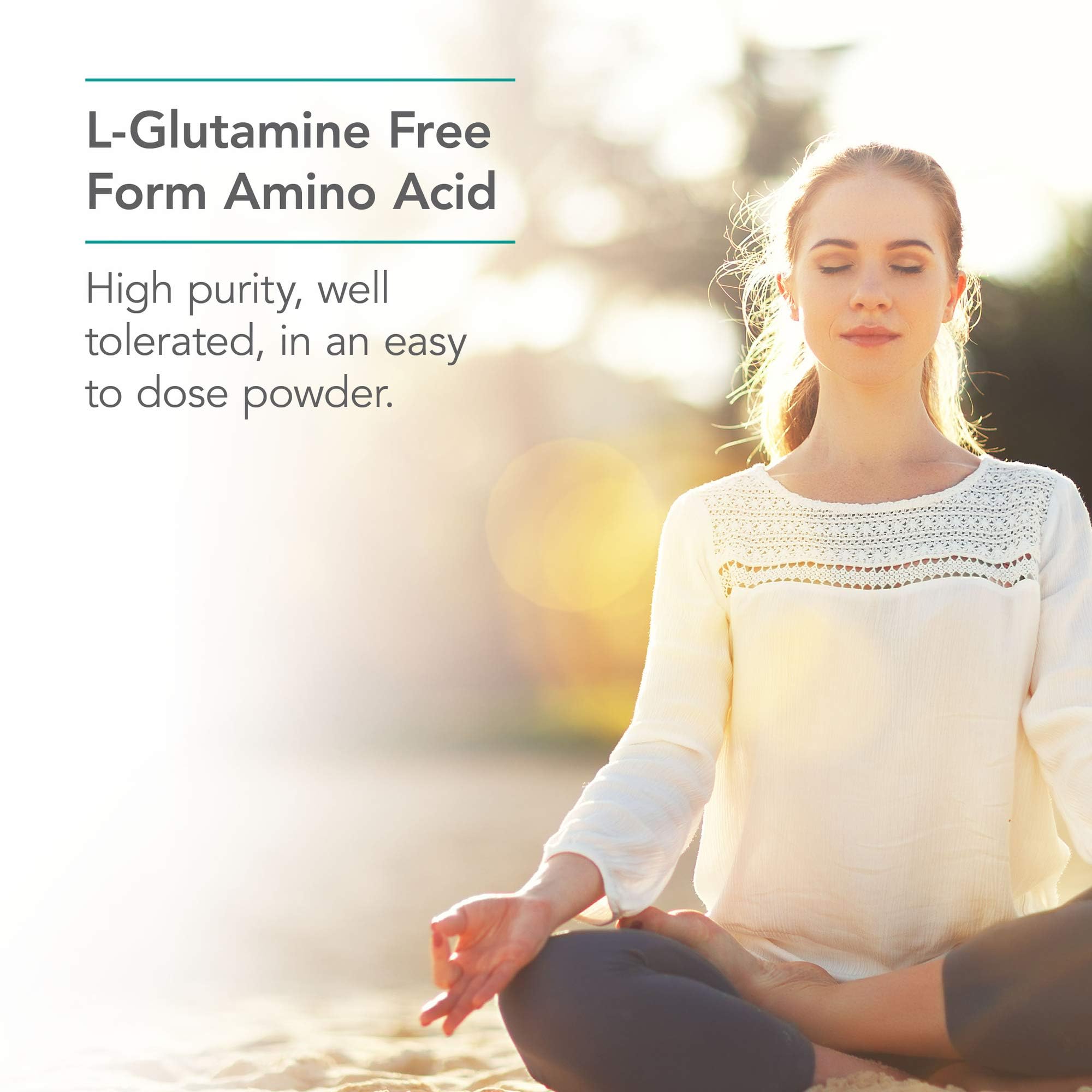 Nutricology L-Glutamine ingredients panel shows high-purity free-form amino acid.