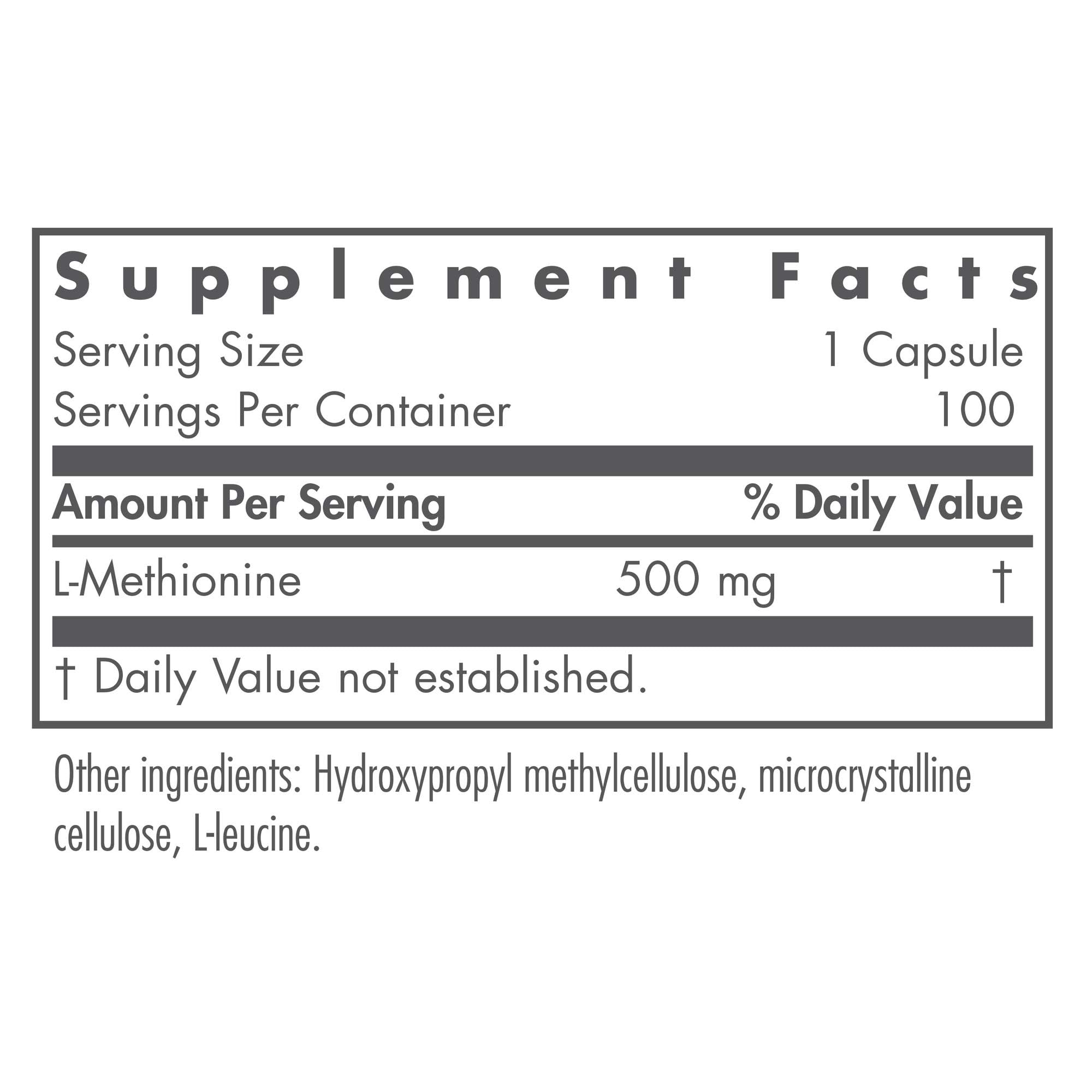 Nutricology L-Methionine capsules label close-up highlighting pure free-form amino acid quality for metabolism.