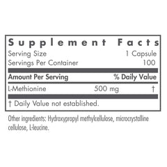 Nutricology L-Methionine capsules label close-up highlighting pure free-form amino acid quality for metabolism.
