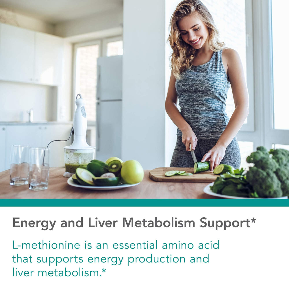 Nutricology L-Methionine capsules being poured, illustrating easy daily intake for routines.