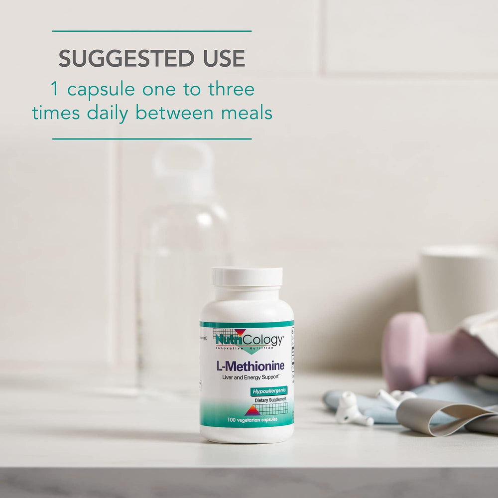 Nutricology L-Methionine bottle with cap, reflecting hypoallergenic heritage.