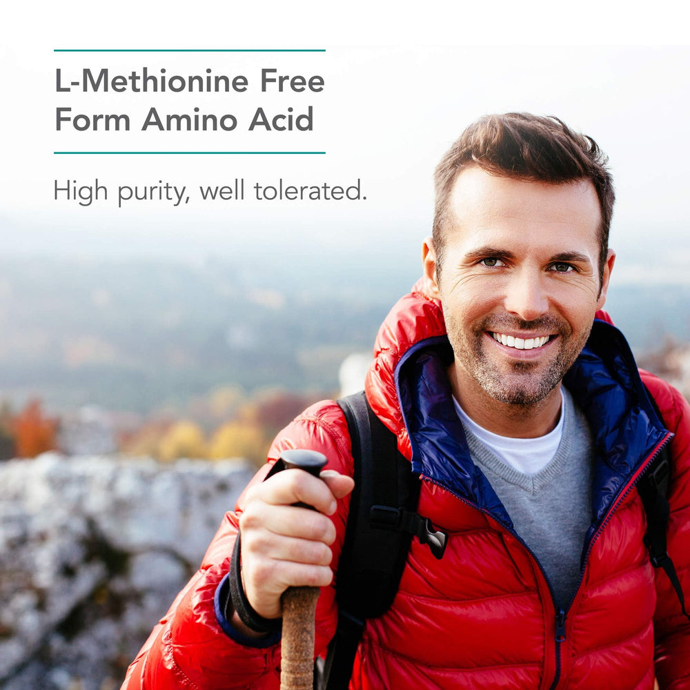 Nutricology L-Methionine capsules in clear bottle, showcasing vegetarian capsule format.