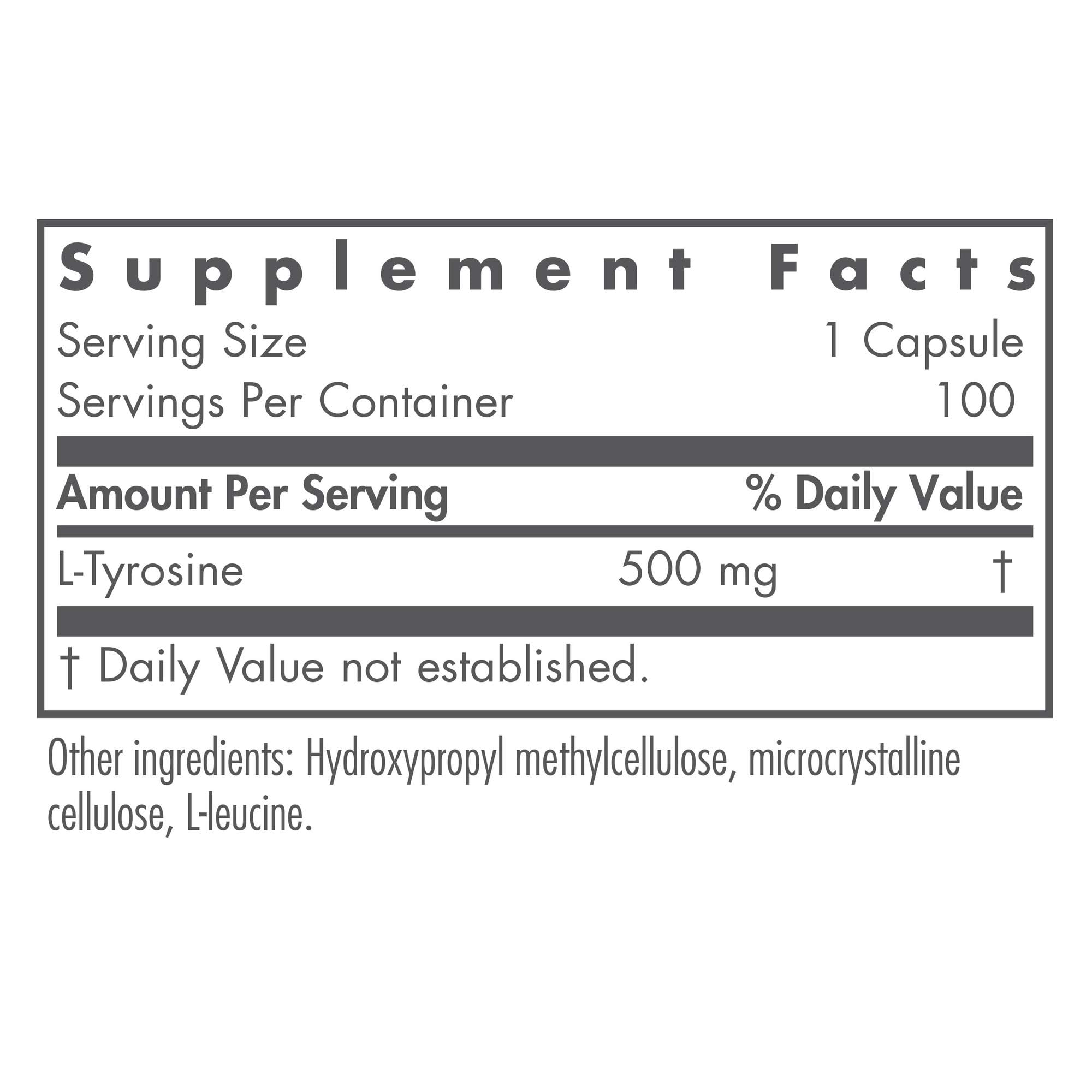 Nutricology L-Tyrosine bottle back shows supplement facts.