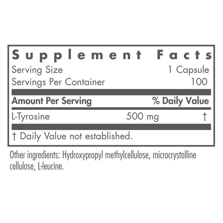 Nutricology L-Tyrosine bottle back shows supplement facts.