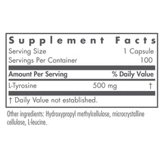 Nutricology L-Tyrosine bottle back shows supplement facts.