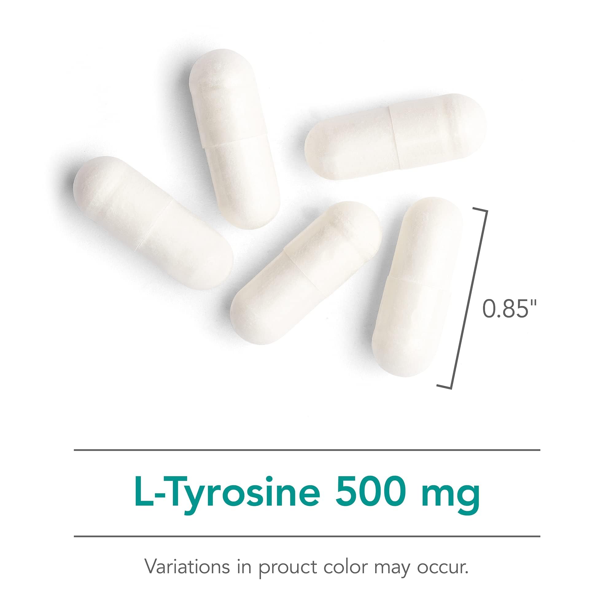 Nutricology L-Tyrosine label close-up highlights 500 mg per capsule.