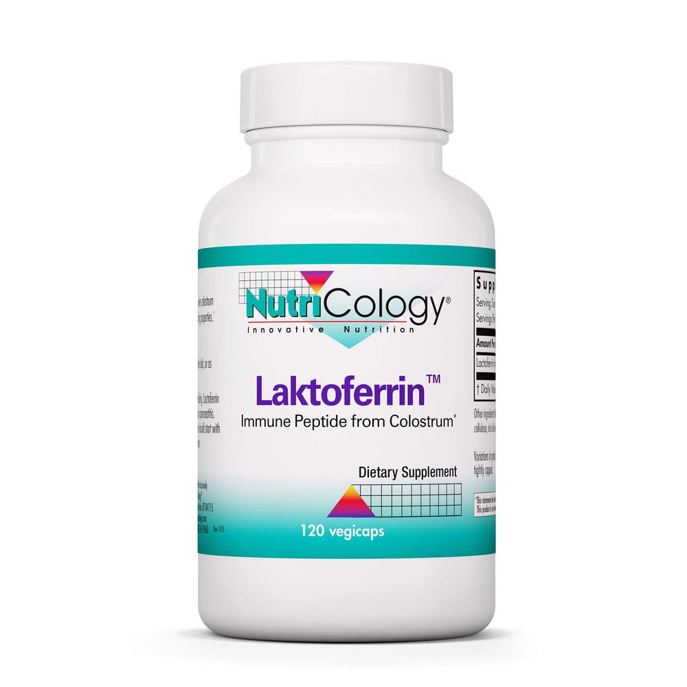 Nutricology Laktoferrin supplement bottle with capsules for immune support.