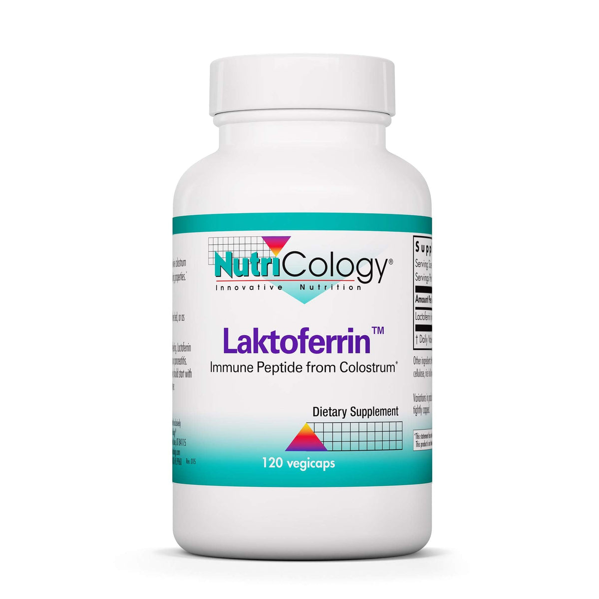 Nutricology Laktoferrin supplement bottle with capsules for immune support.