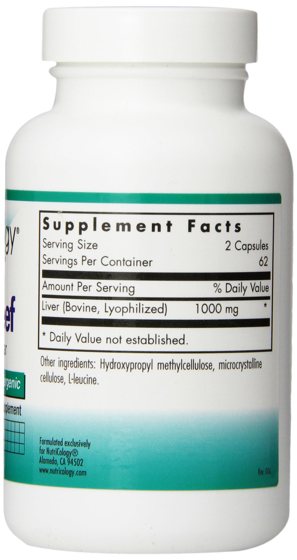 Nutricology Liver Beef Vegi Caps label showing ingredients and nutrition