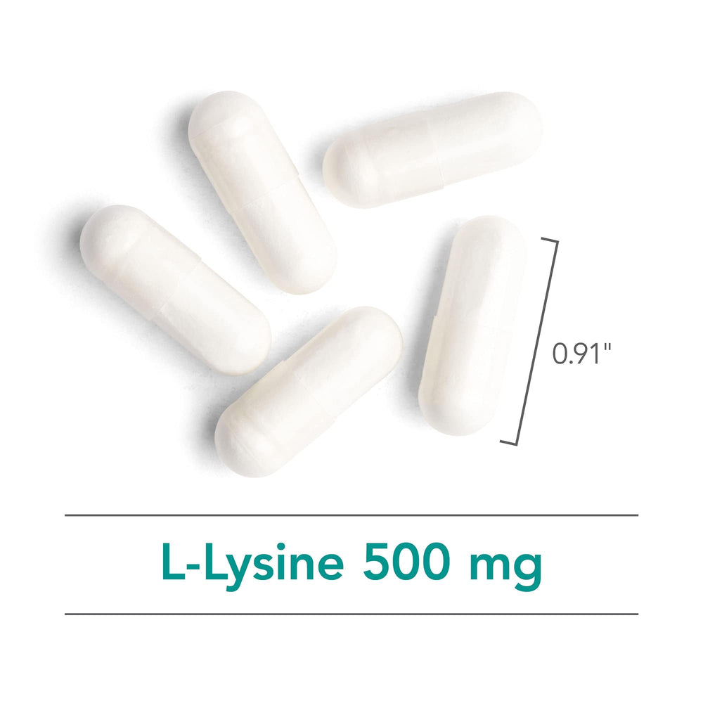 Nutricology L-Lysine capsules on wood surface emphasizing hypoallergenic heritage and natural ingredients