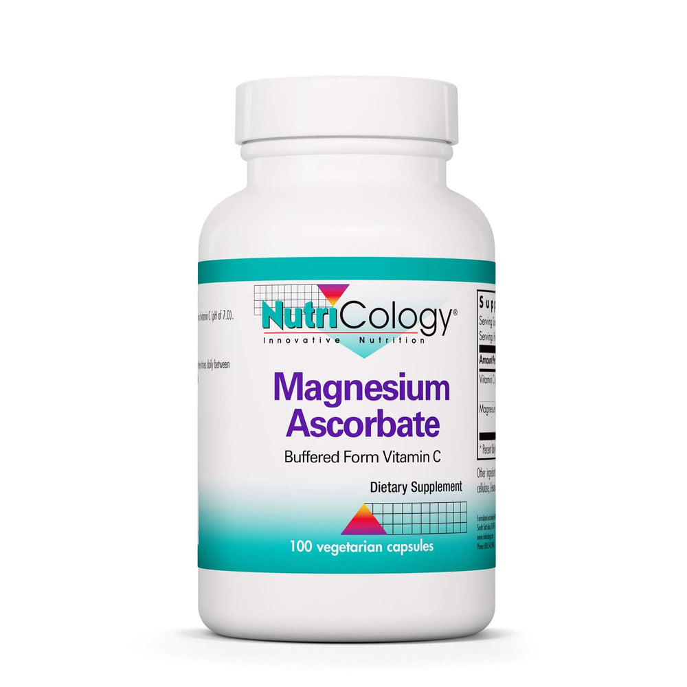 Nutricology magnesium ascorbate bottle showing a gentle, stomach-friendly vitamin C option.
