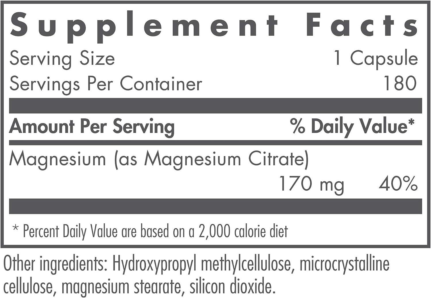 Nutricology Magnesium Citrate capsules closeup shows hypoallergenic, pure mineral support for nerves.