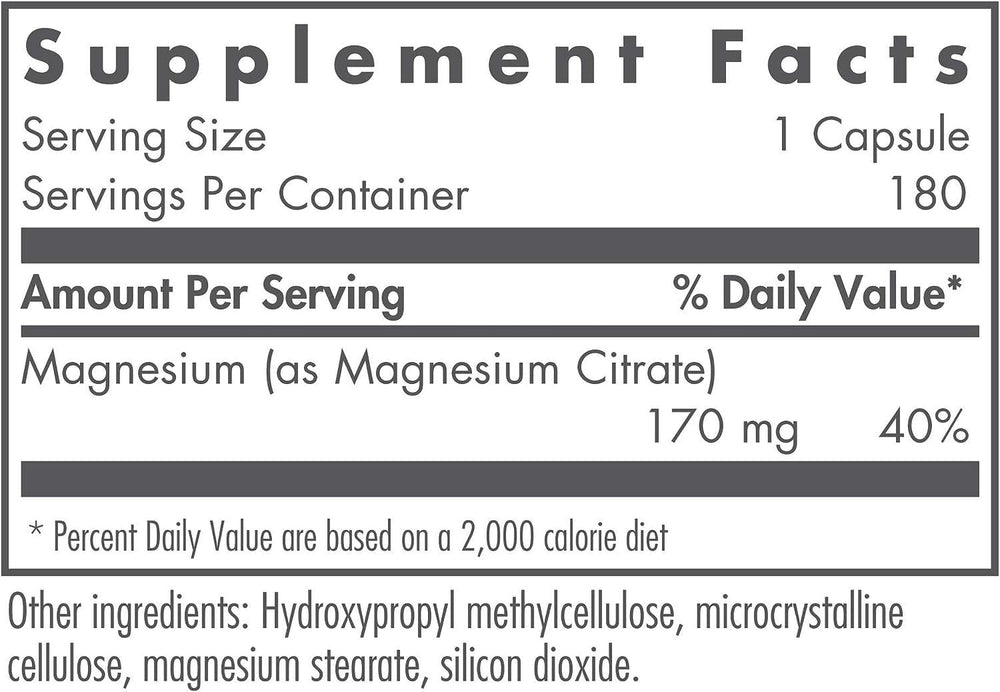 Nutricology Magnesium Citrate capsules closeup shows hypoallergenic, pure mineral support for nerves.