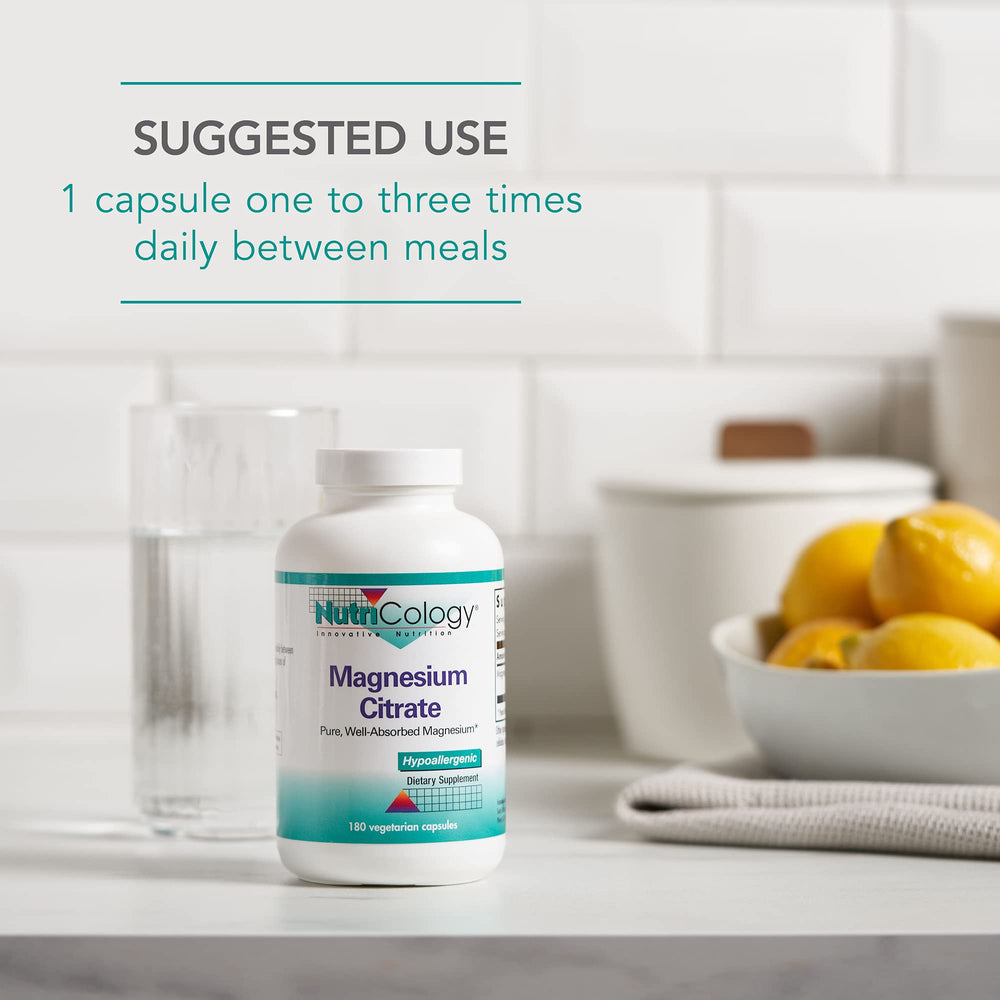 Nutricology Magnesium Citrate ingredients tray highlights 170 mg magnesium per capsule.