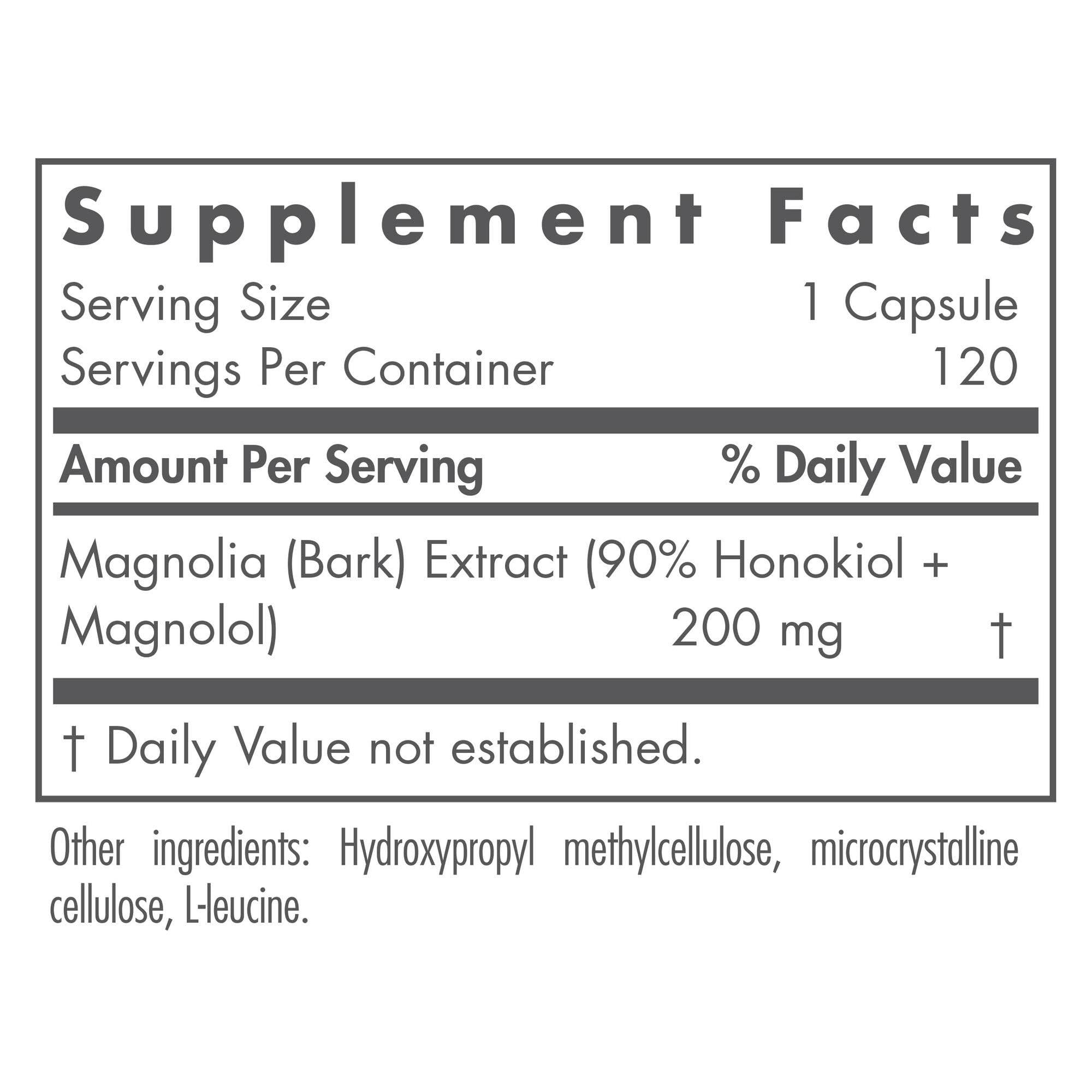 Nutricology Magnolia Extract capsules close-up showing honokiol and magnolol content for relaxation.