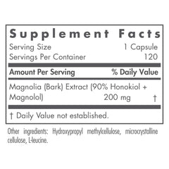 Nutricology Magnolia Extract capsules close-up showing honokiol and magnolol content for relaxation.