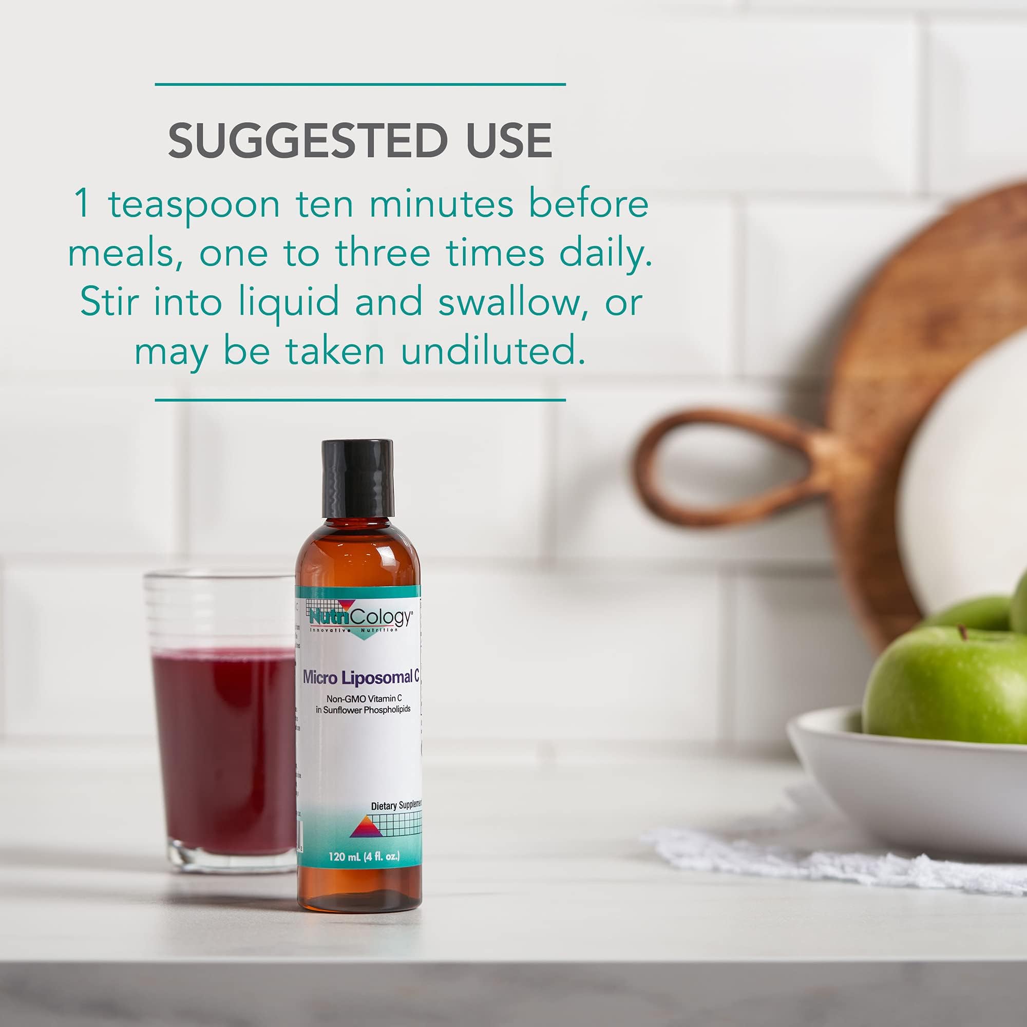 Nutricology Micro Liposomal C teaspoon dosing setup in use
