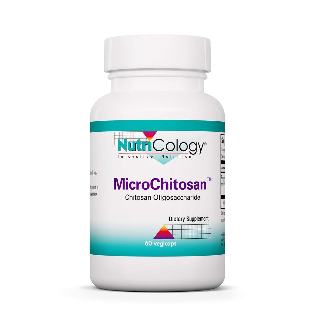 Nutricology MicroChitosan bottle with capsules highlighting detox support and daily use