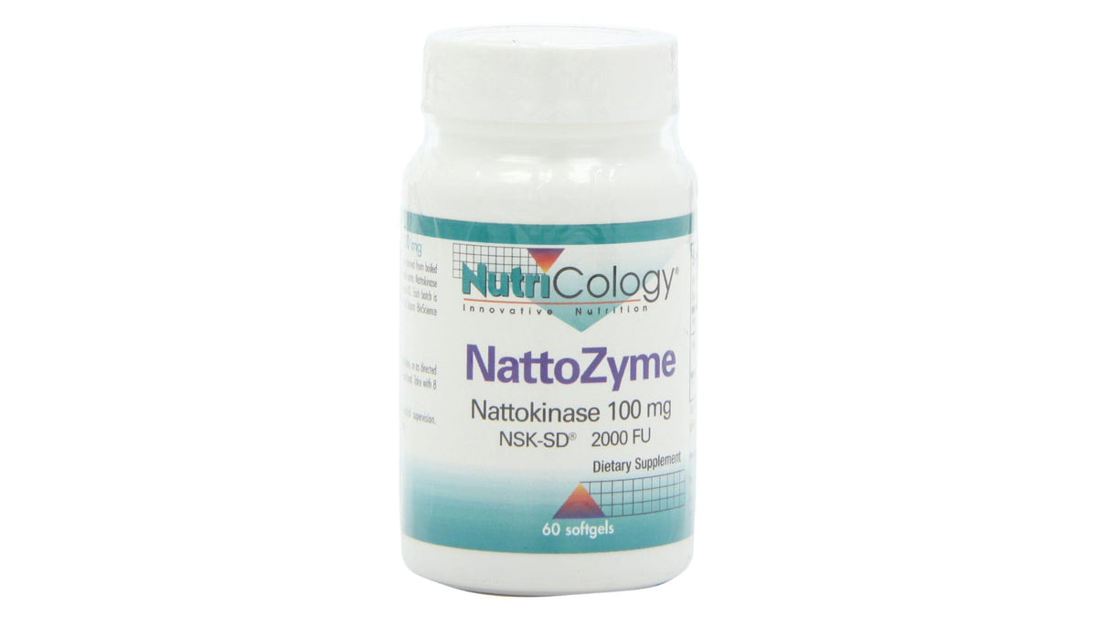 Nutricology NattoZyme bottle for daily nattokinase supplementation supporting wellness.