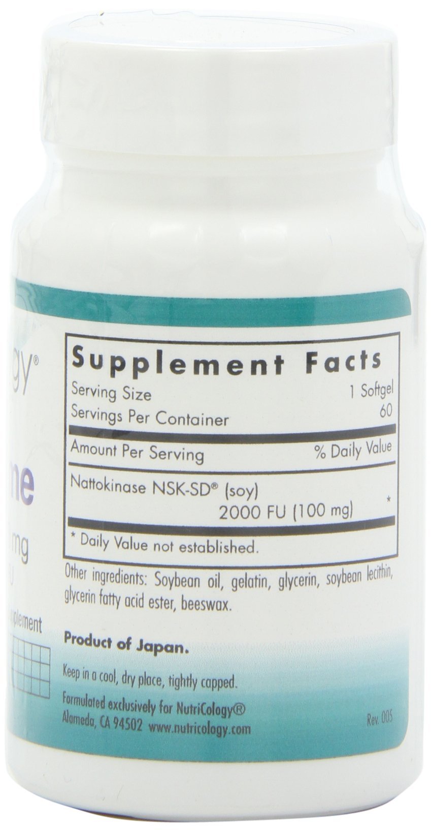 Nutricology NattoZyme ingredients label highlights NSK-SD purity and 2000 FU.