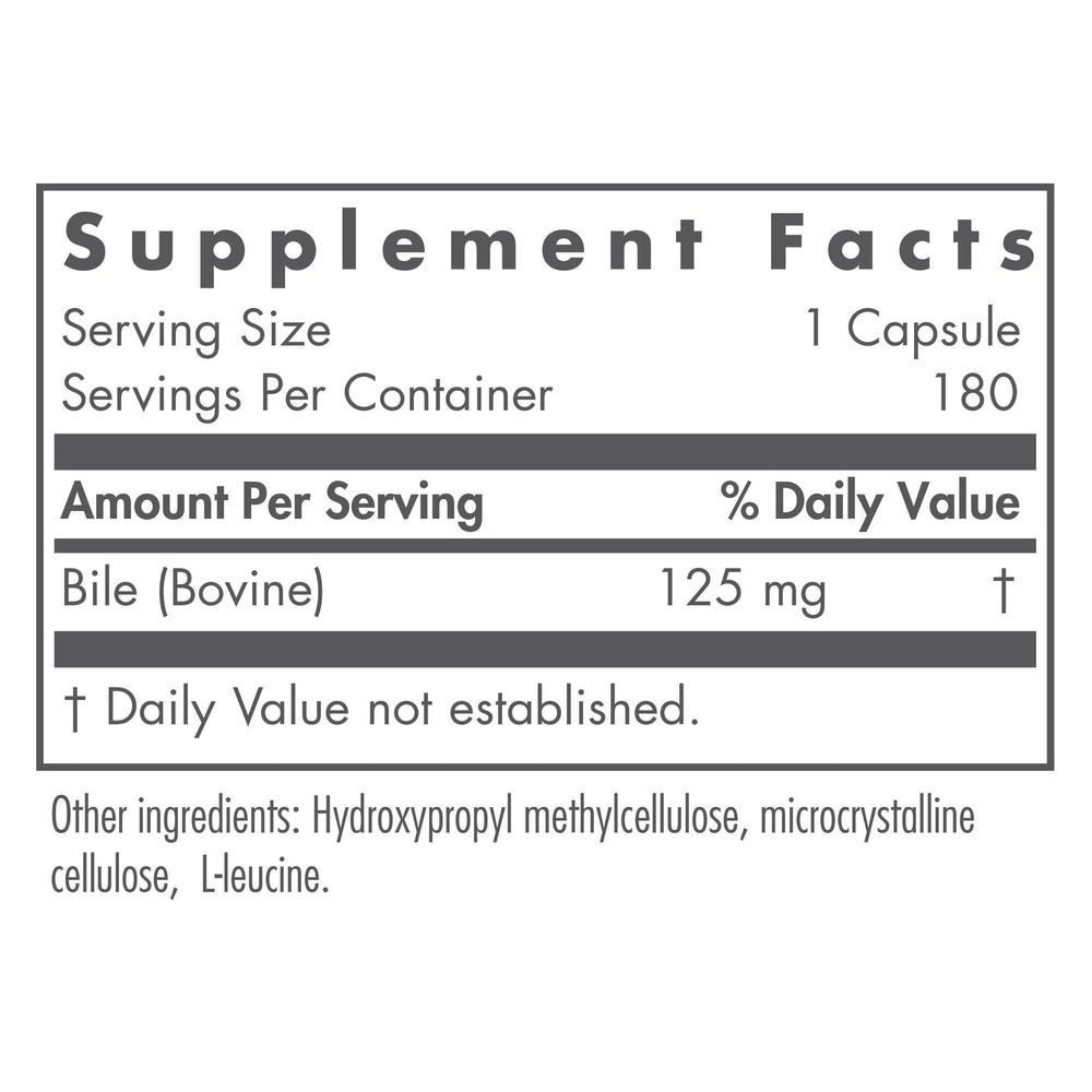 Nutricology Ox Bile 125 mg capsules close-up highlighting capsule form
